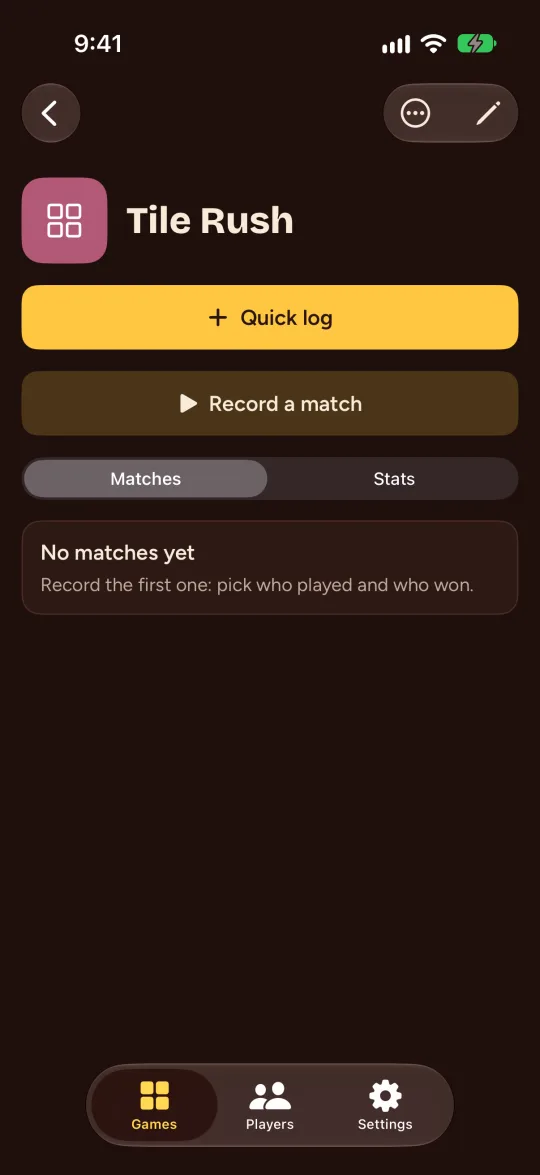 La página de un juego con los botones Quick log y Record a match.