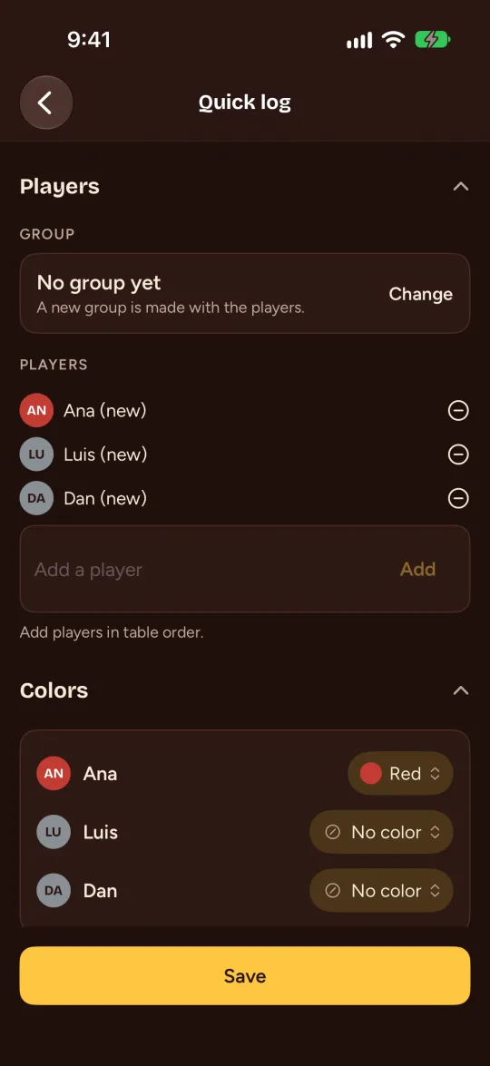 La sección Colors abierta, con un menú de color para cada jugador.