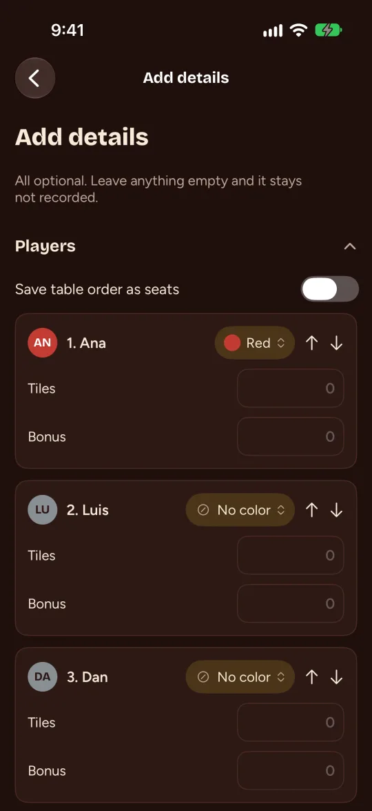 Add details con una tarjeta por jugador.