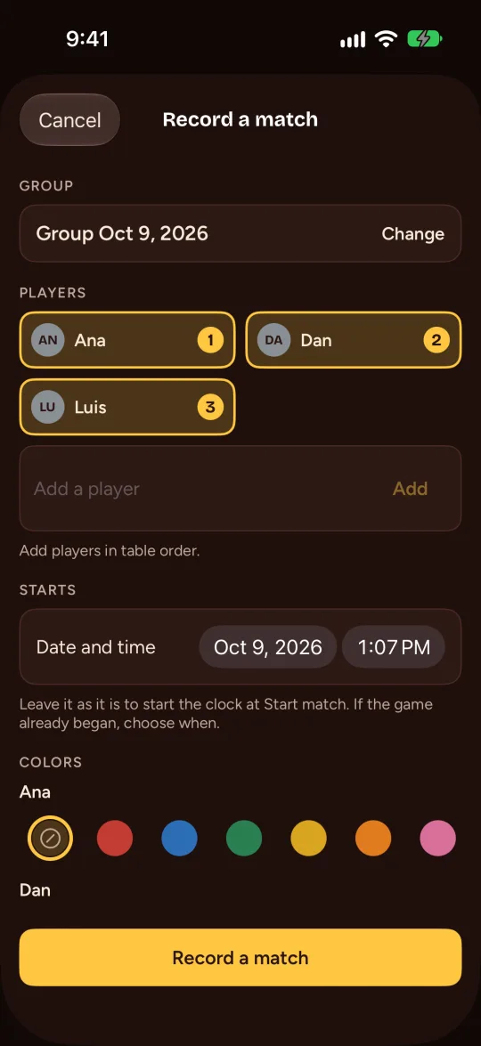 La pantalla Record a match con los jugadores, cuándo empieza y los colores.