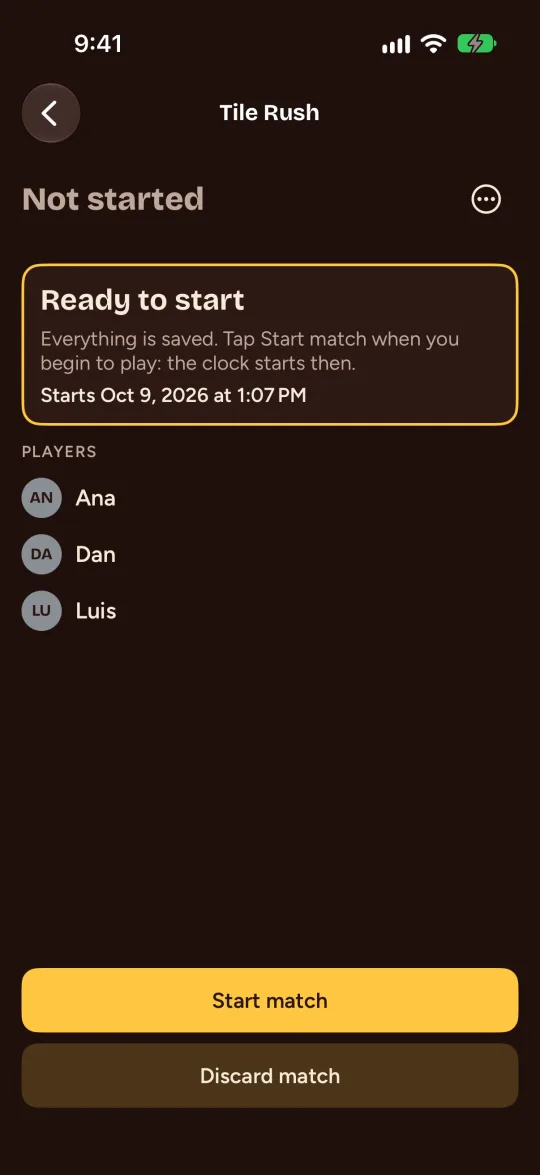 Una partida lista para empezar, con el botón Start match.