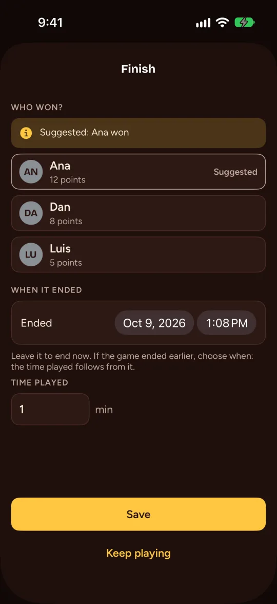 La pantalla Finish con el ganador sugerido y la hora de fin.