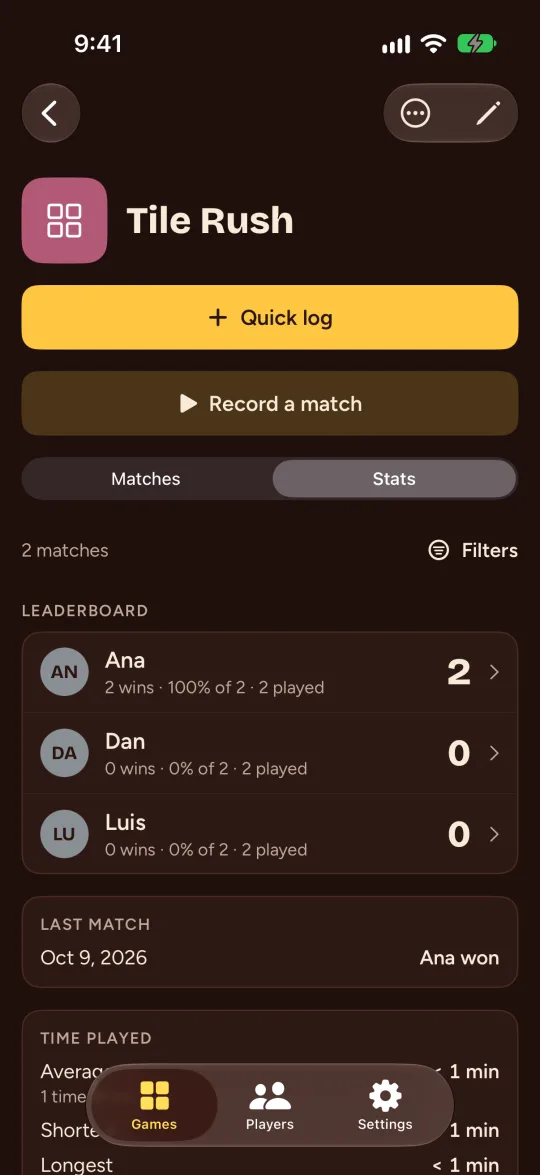 La página Stats de un juego con su tabla de posiciones.