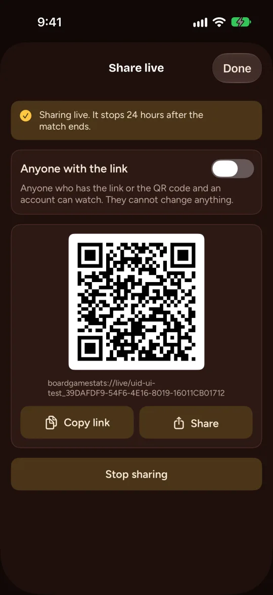 El enlace y el QR de una partida en curso.