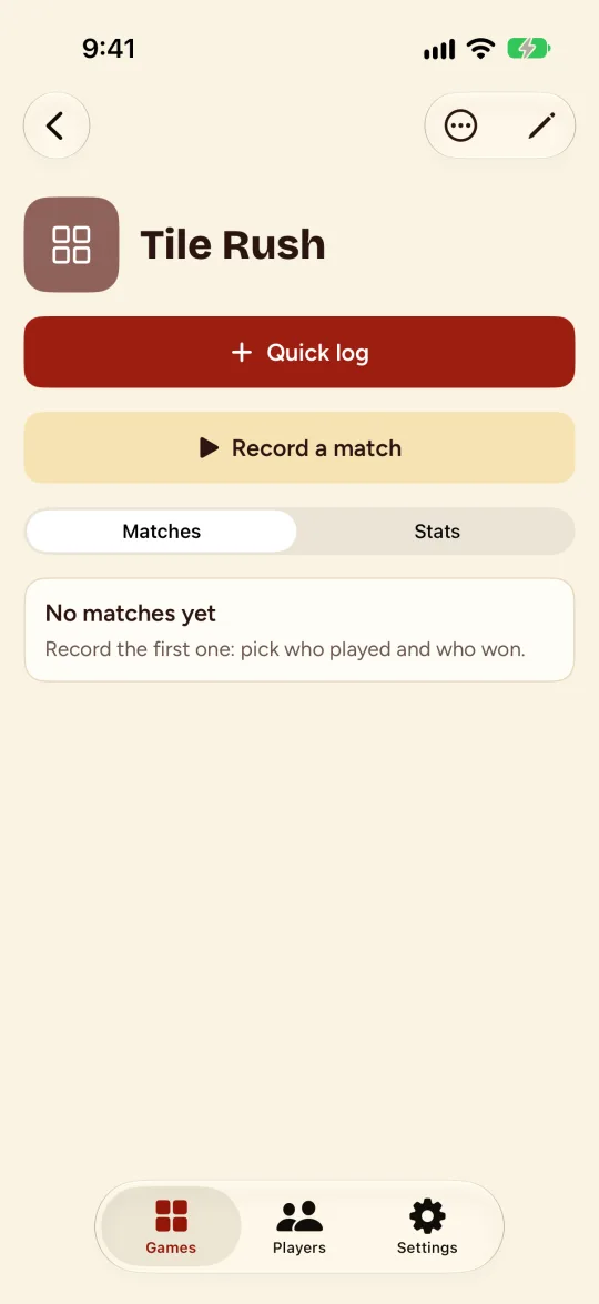 La página de un juego con los botones Quick log y Record a match.