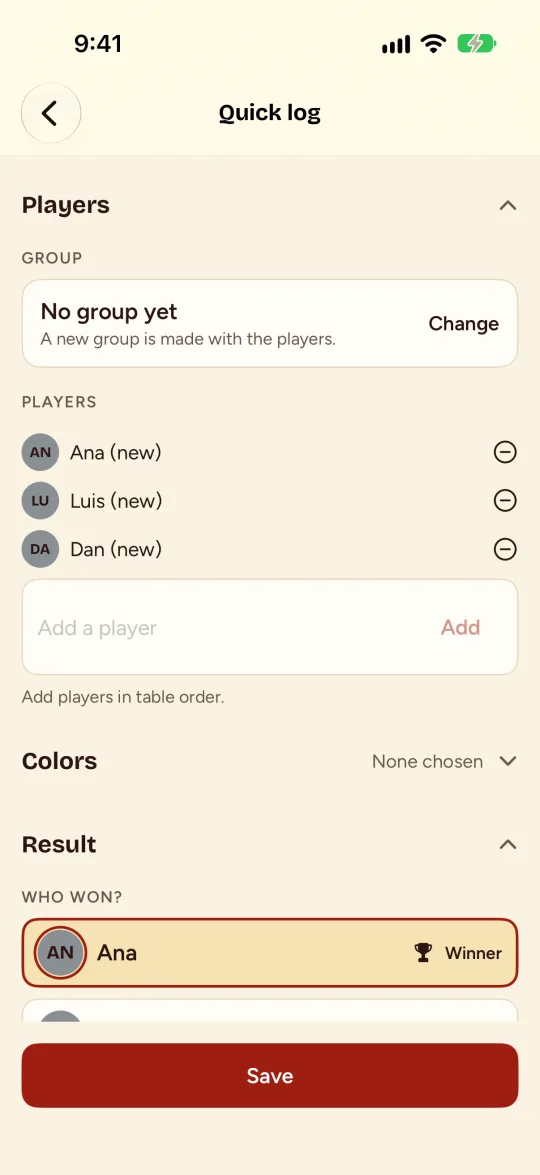 Quick log con los jugadores en lista y el ganador elegido.