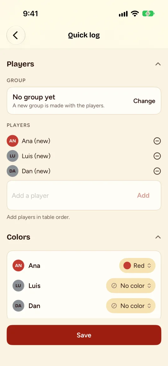 La sección Colors abierta, con un menú de color para cada jugador.
