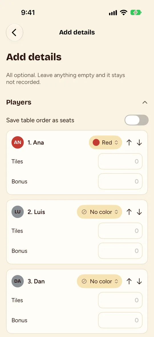Add details con una tarjeta por jugador.