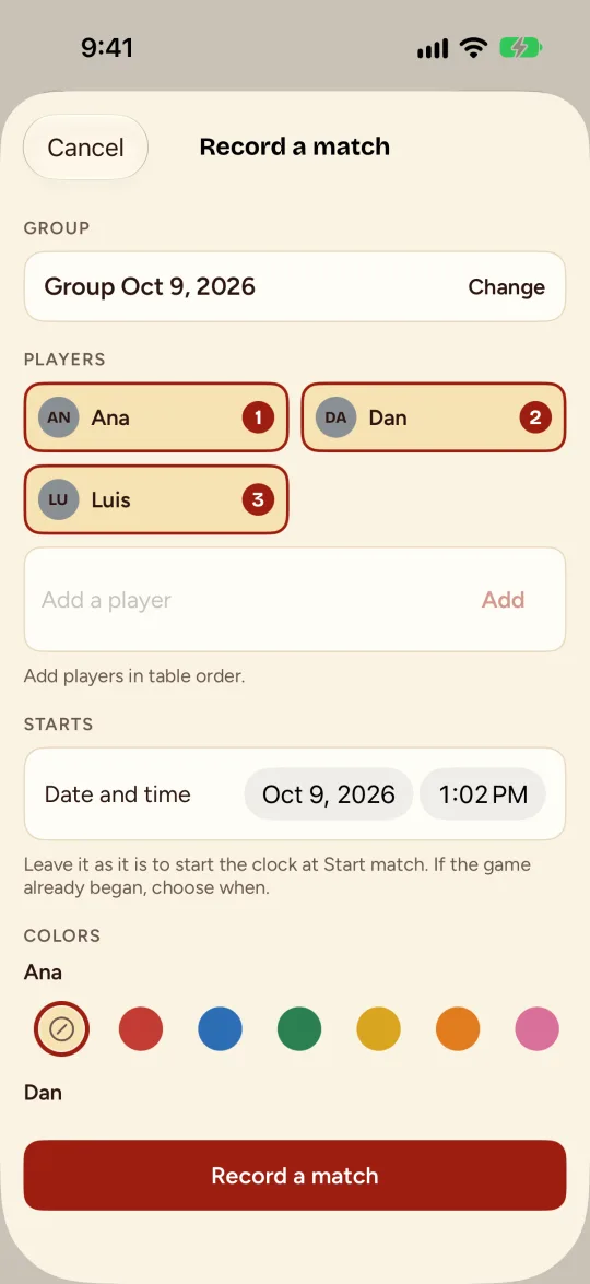 La pantalla Record a match con los jugadores, cuándo empieza y los colores.