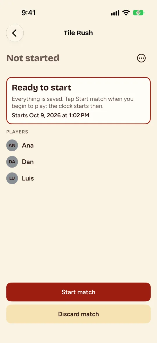 Una partida lista para empezar, con el botón Start match.