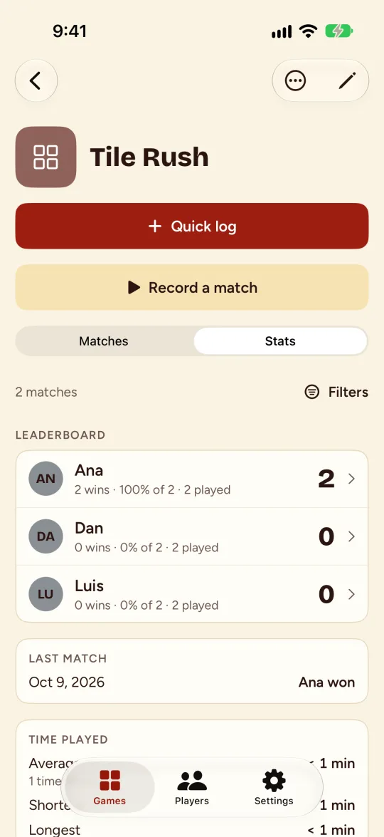 La página Stats de un juego con su tabla de posiciones.